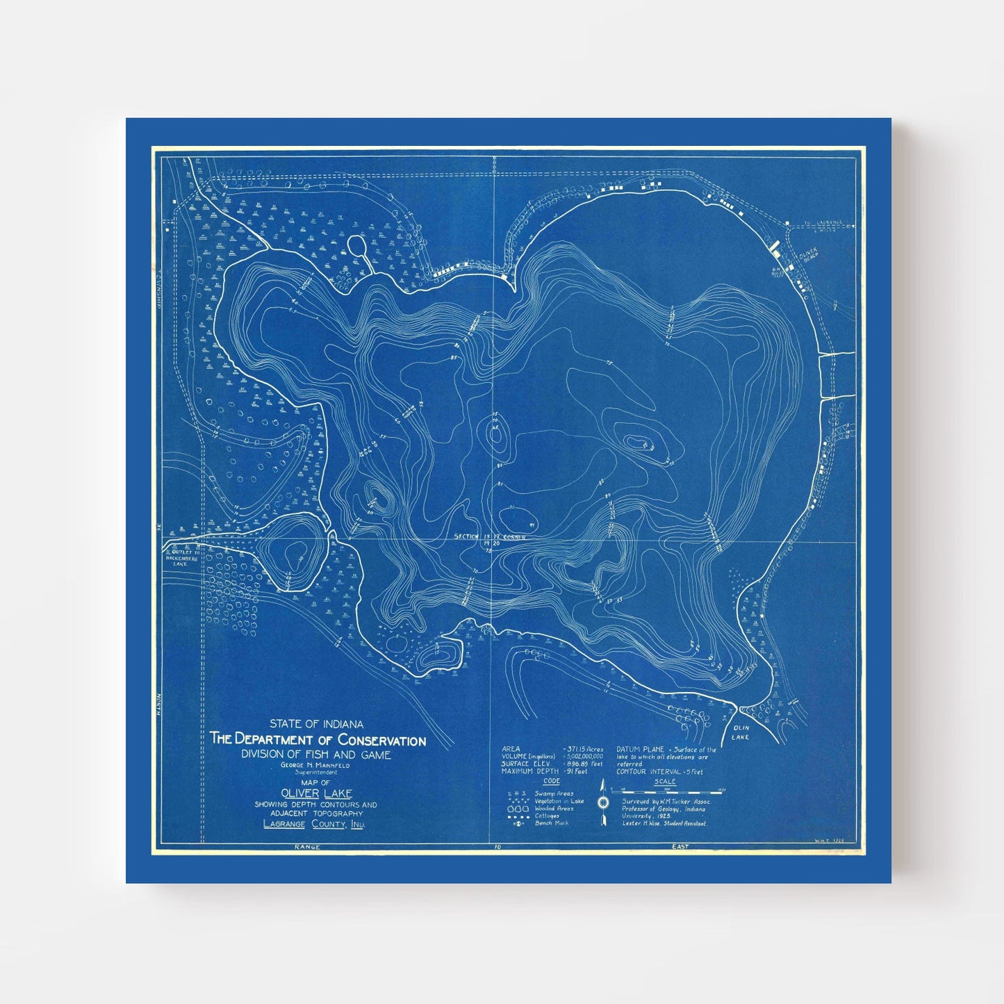 Vintage Oliver Lake, IN Map 1925