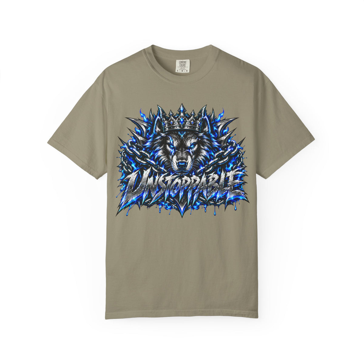 Wolf 'Unstoppable' Graphic Tee — Bold Blue Crowned Wolf Shirt