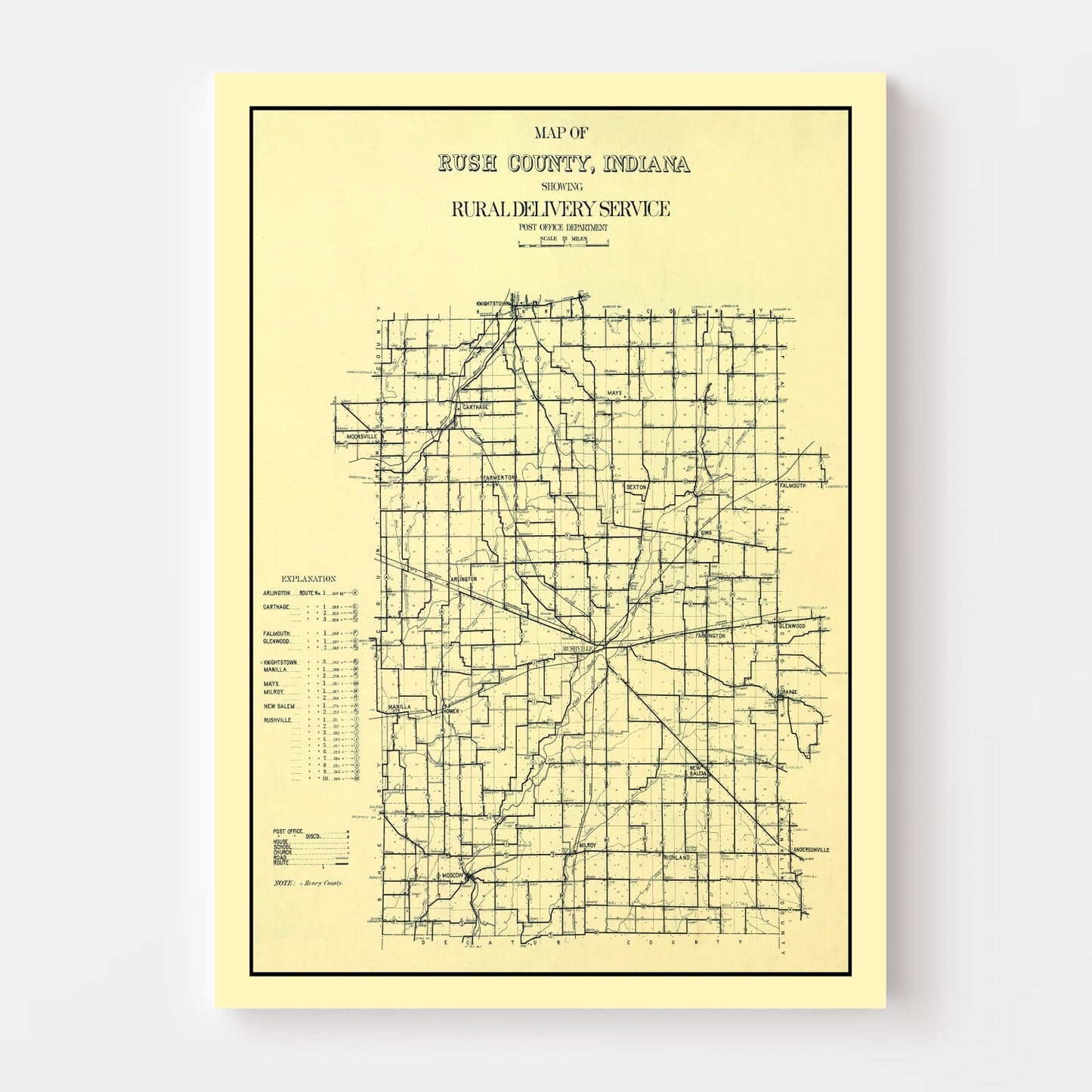 Vintage Map of Rush County, Indiana 1909