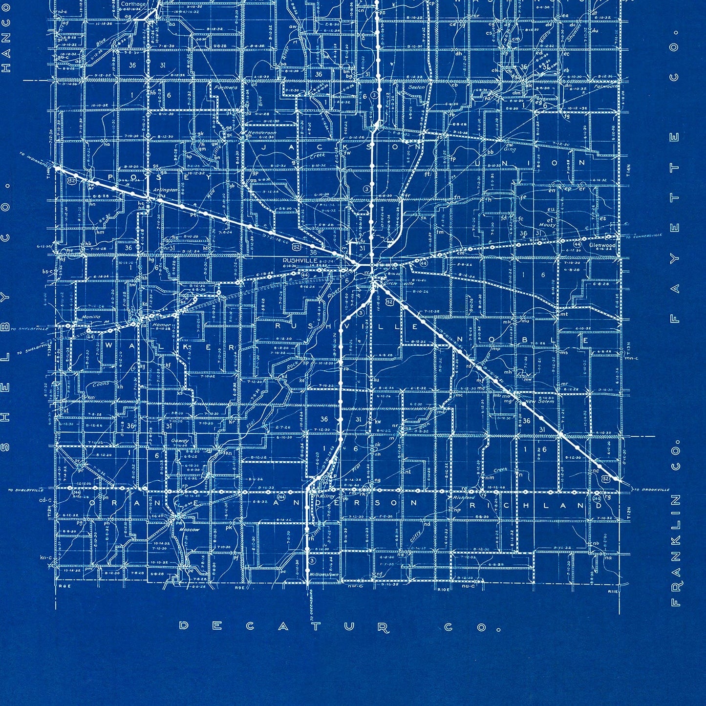 Vintage Map of Rush County, Indiana 1936