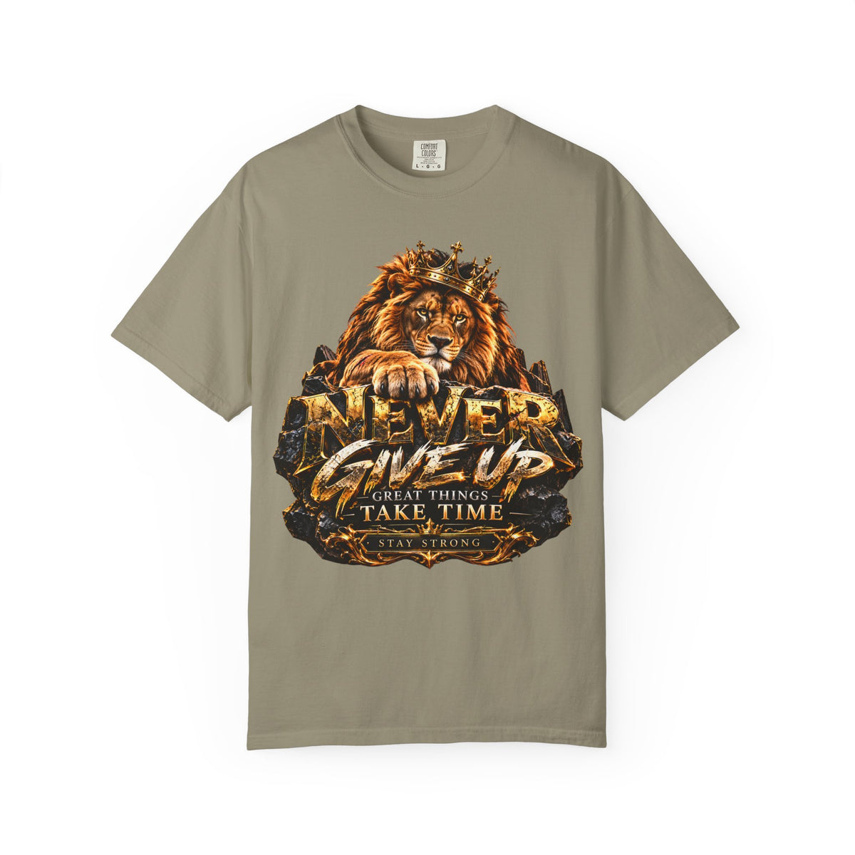 Lion Graphic T-Shirt — "Never Give Up: Great Things Take Time" Motivational Tee