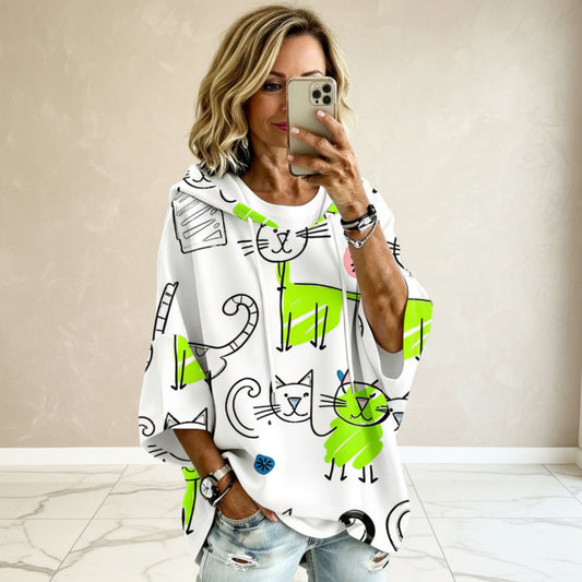 Cartoon Cat Print Hoodie with 3/4 Sleeves & Drawstring