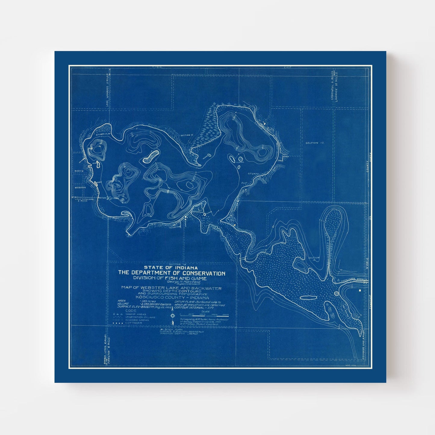 Vintage Webster Lake, IN Map 1922