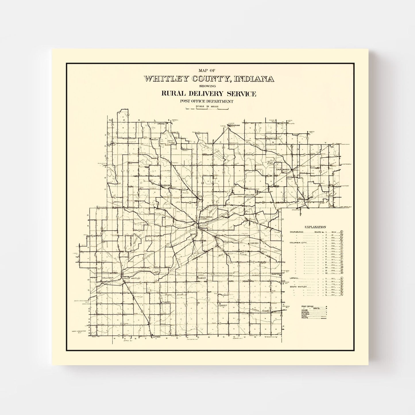 Vintage Map of Whitley County, Indiana 1910