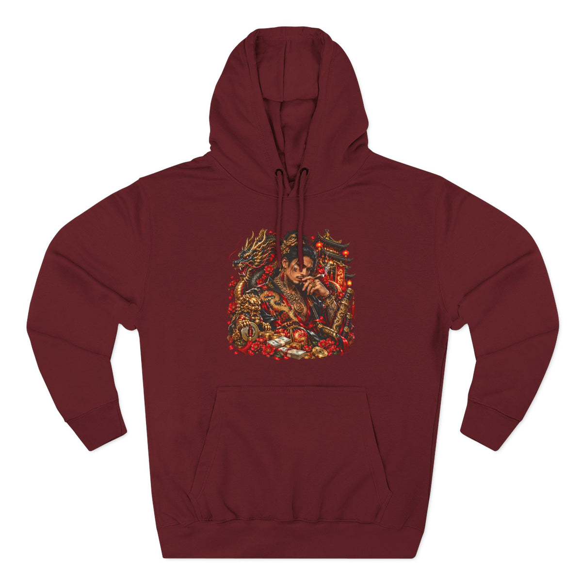 Dragon Battle Hoodie — Three-Panel Fleece Hooded Sweatshirt with Fiery Fantasy Artwork