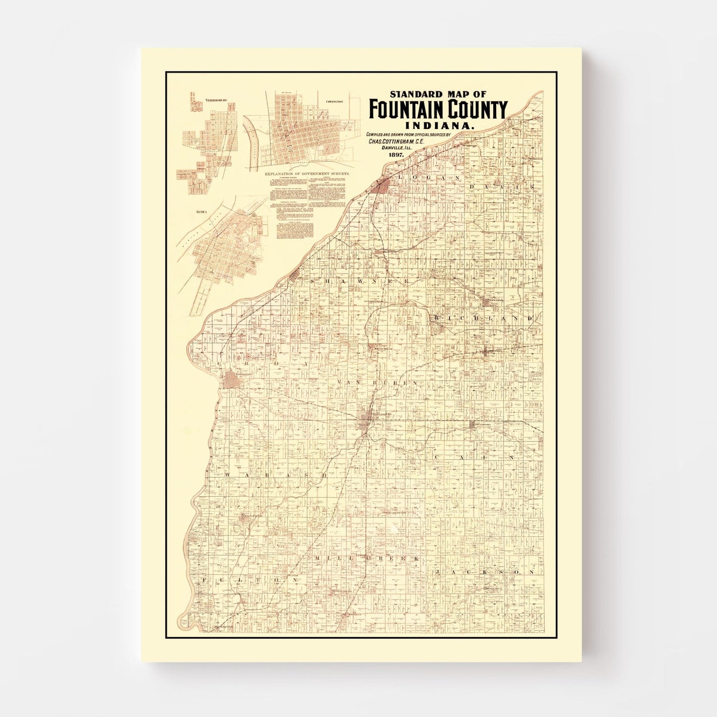 Vintage Map of Fountain County, Indiana 1897