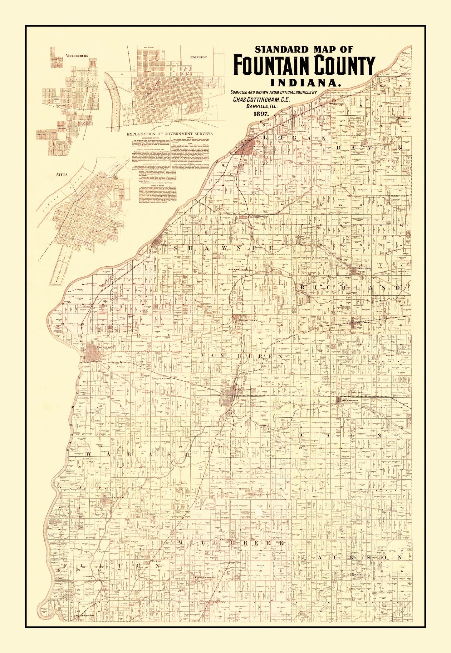 Vintage Map of Fountain County, Indiana 1897