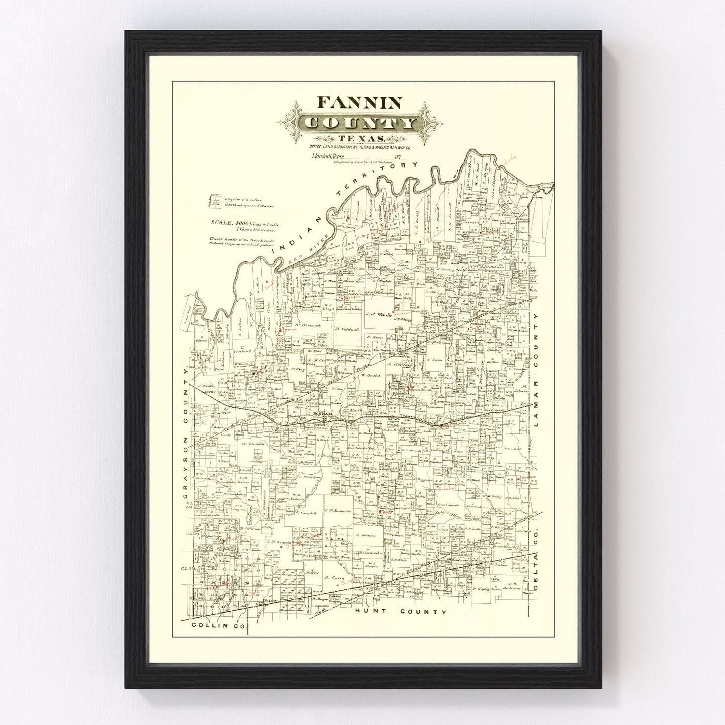 Vintage Map of Fannin County, Texas 1870