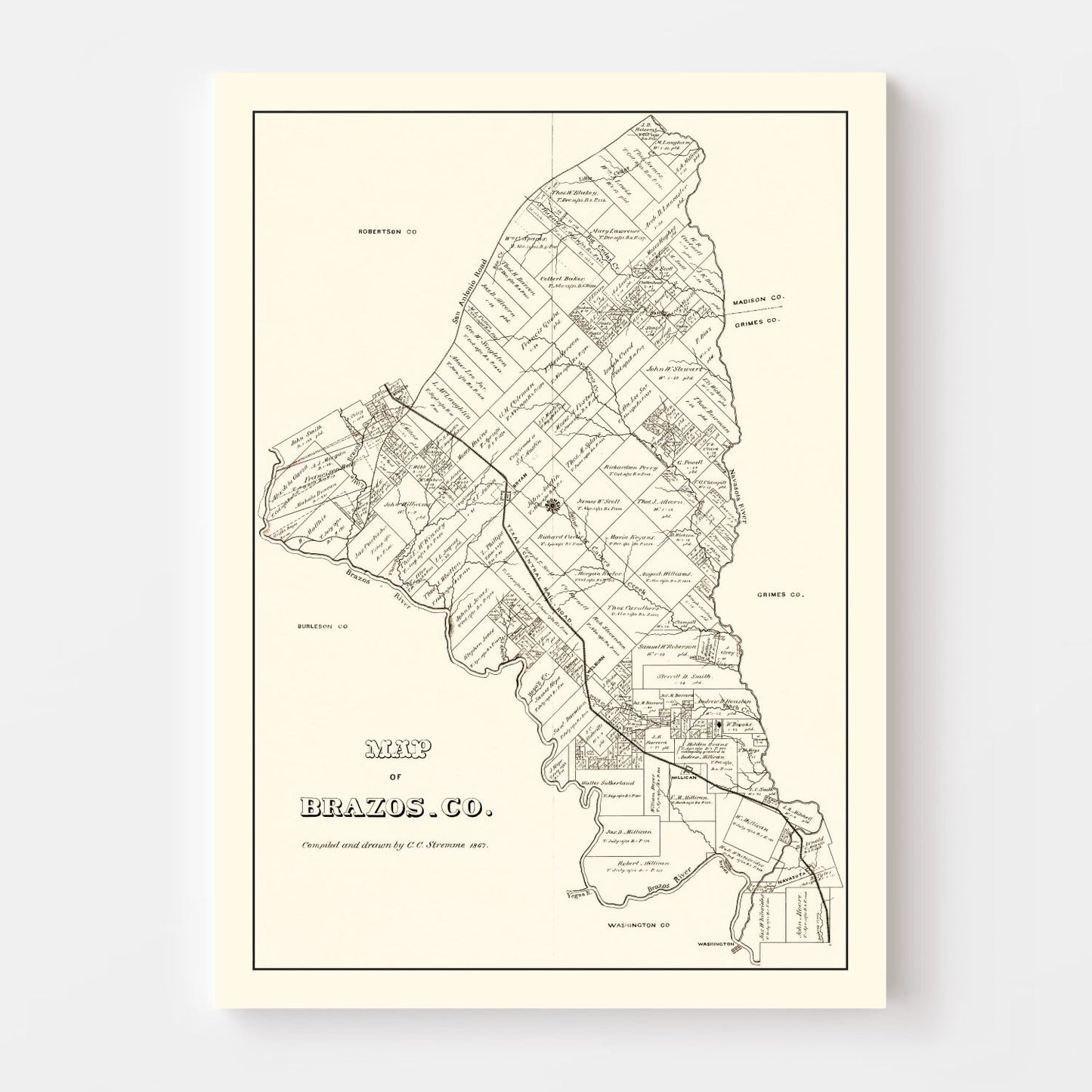 Vintage Map of Brazos County, Texas 1867