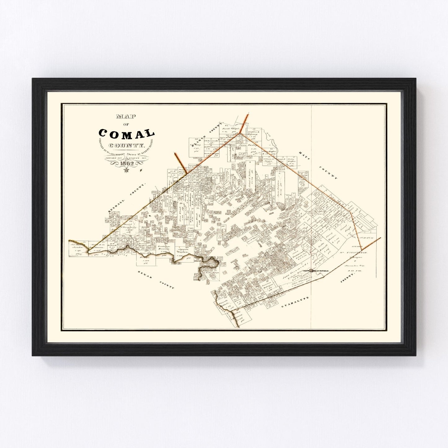 Vintage Map of Comal County, Texas 1862