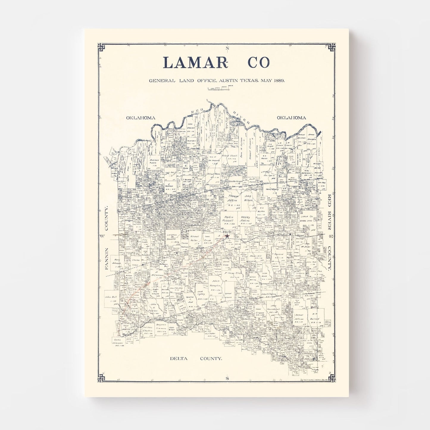 Vintage Map of Lamar County, Texas 1889