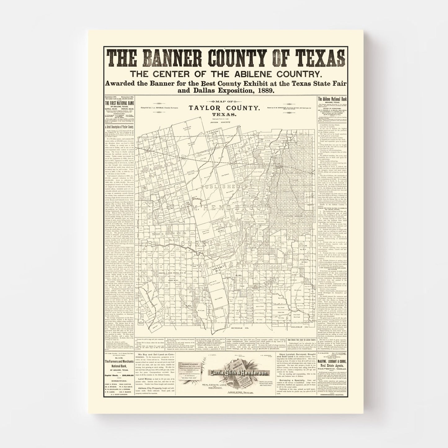 Vintage Map of Taylor County, Texas 1889