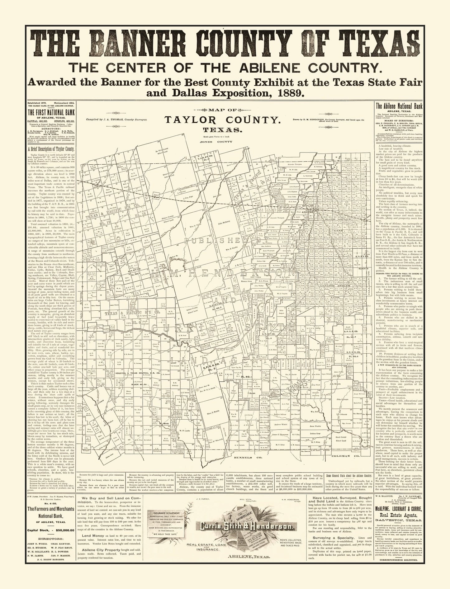 Vintage Map of Taylor County, Texas 1889