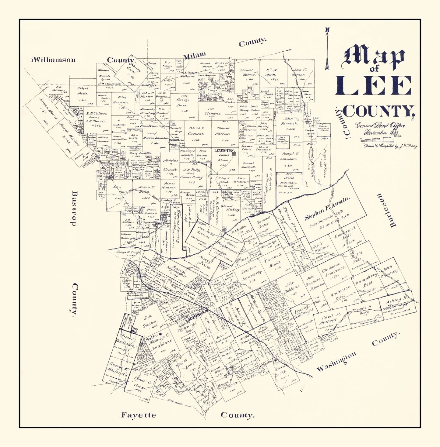 Vintage Map of Lee County, Texas 1888