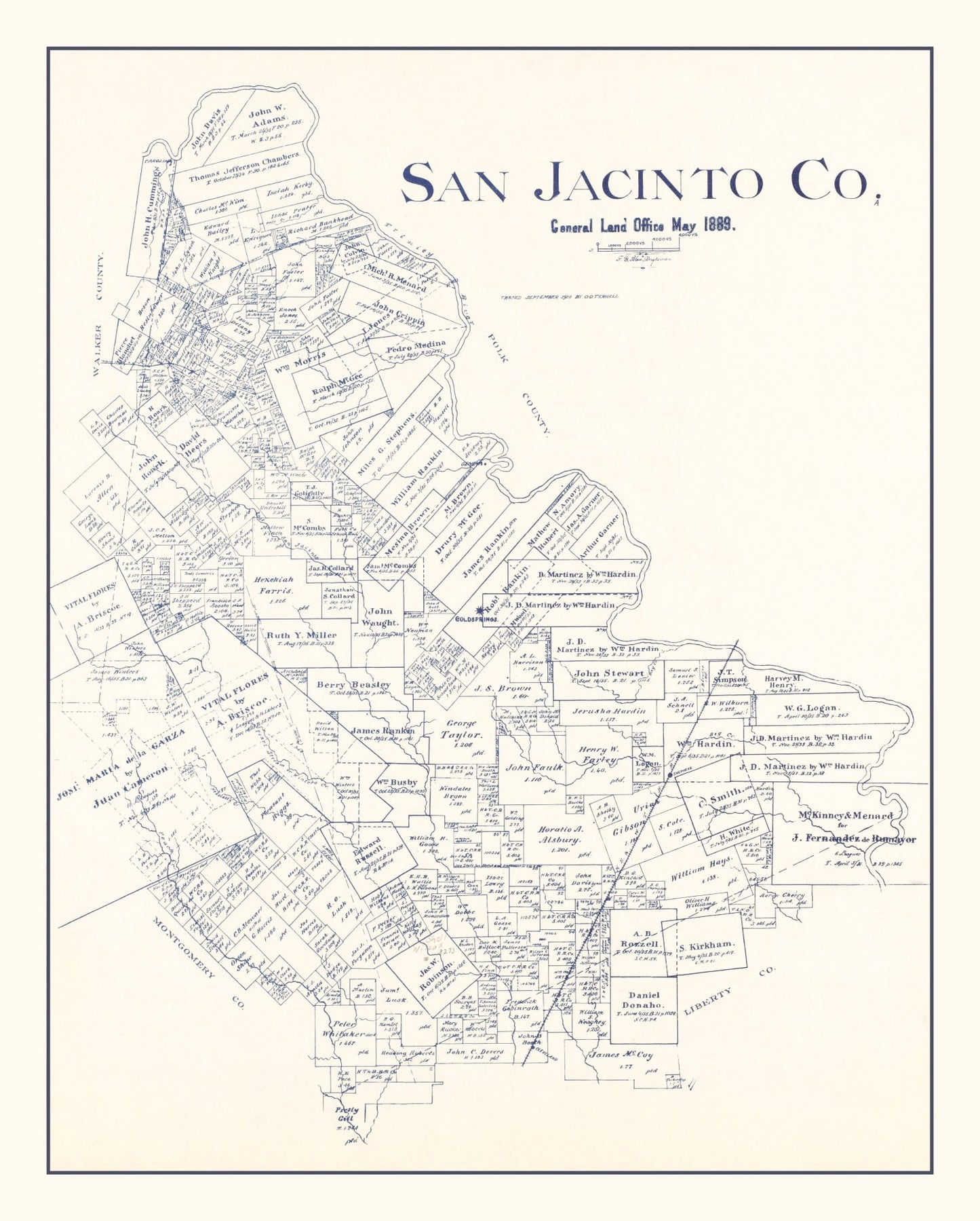 Vintage Map of San Jacinto County, Texas 1889