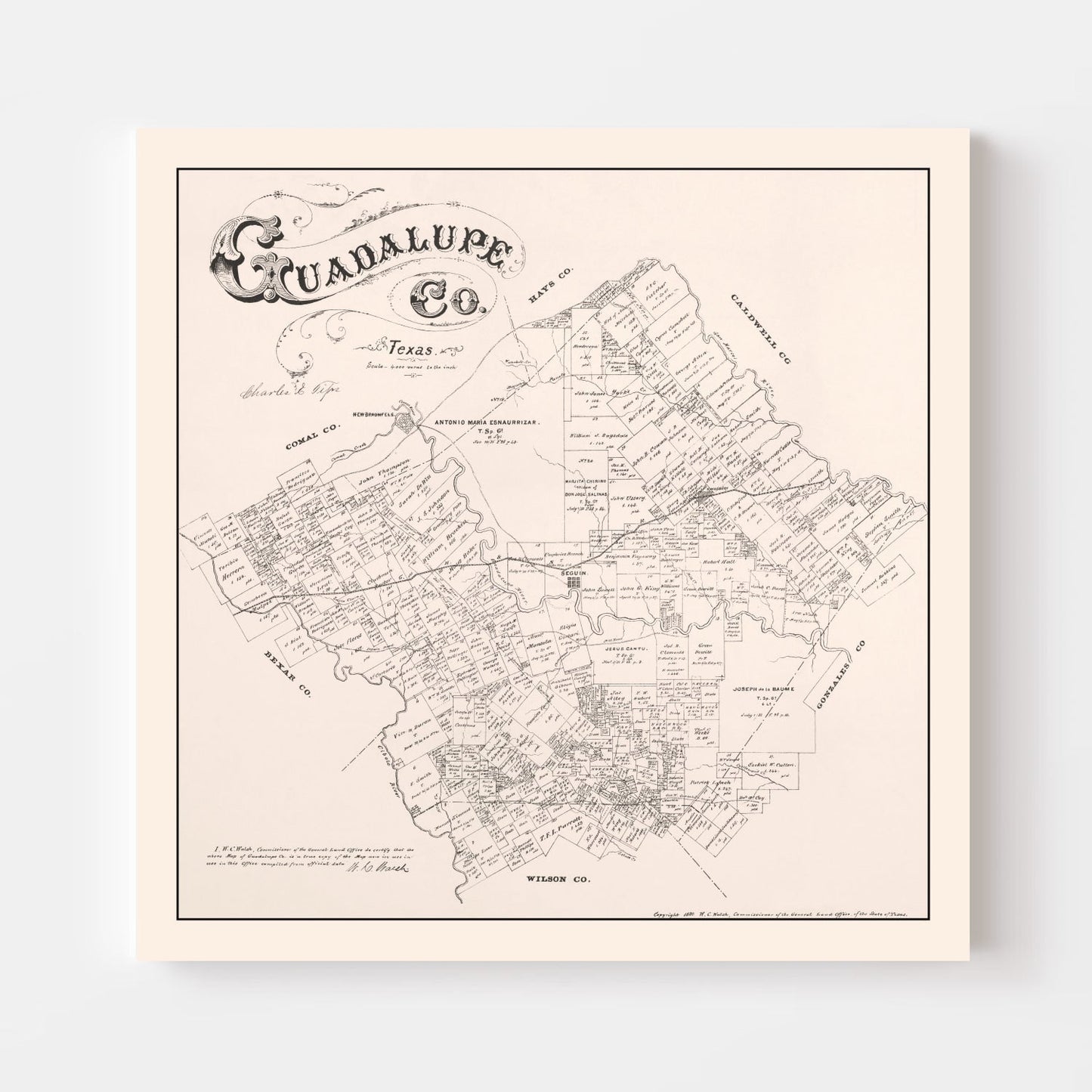 Vintage Map of Guadalupe County, Texas 1880