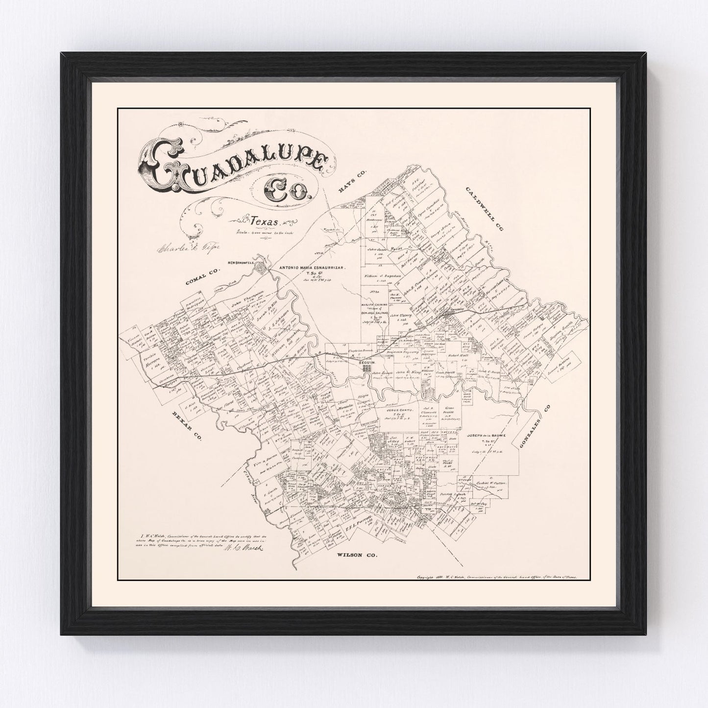 Vintage Map of Guadalupe County, Texas 1880
