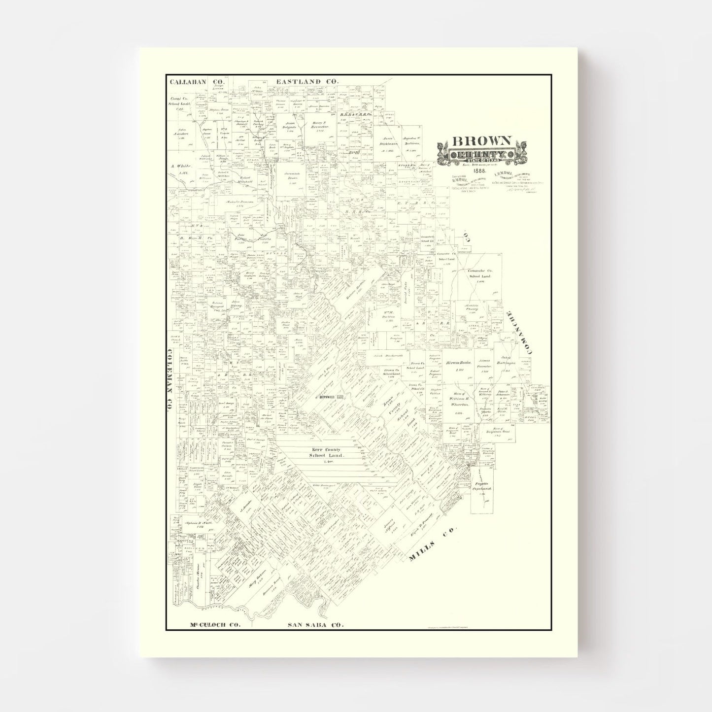 Vintage Map of Brown County, Texas 1888