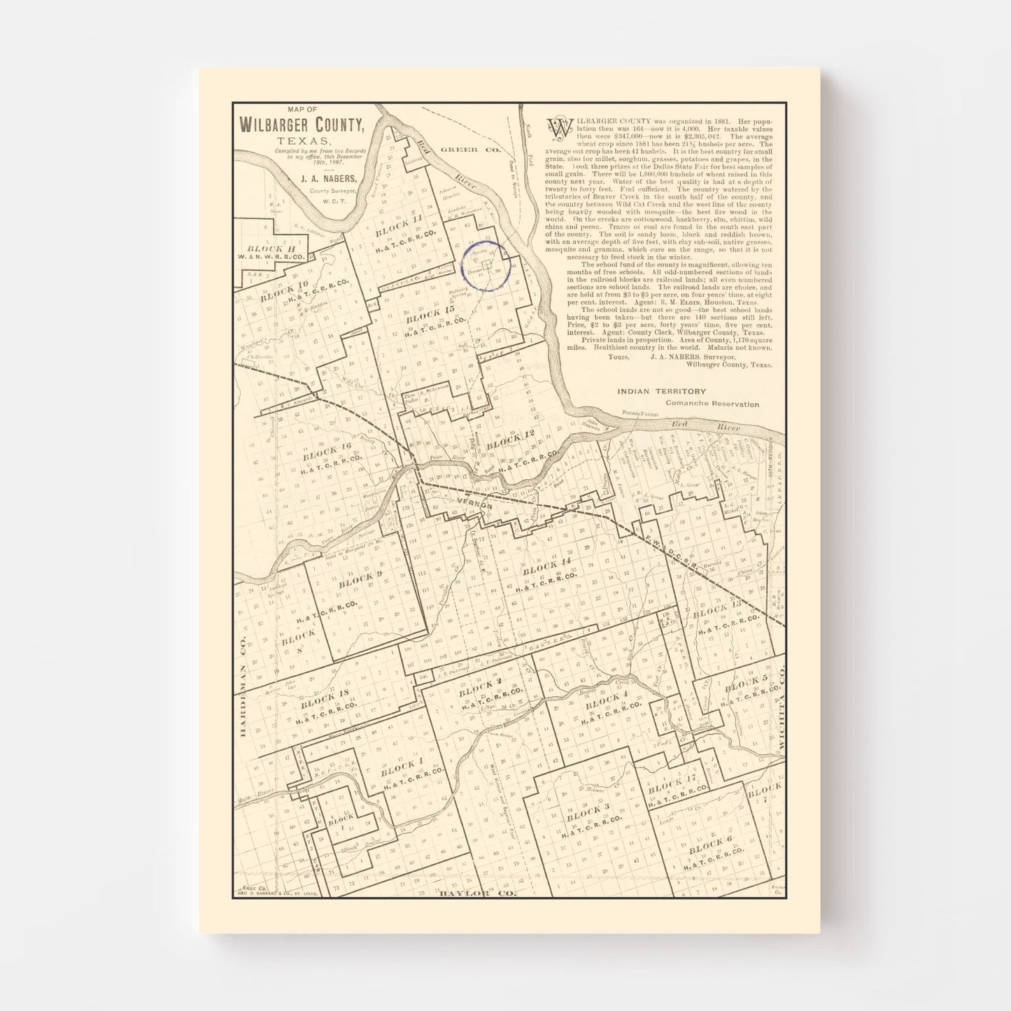 Vintage Map of Wilbarger County, Texas 1887