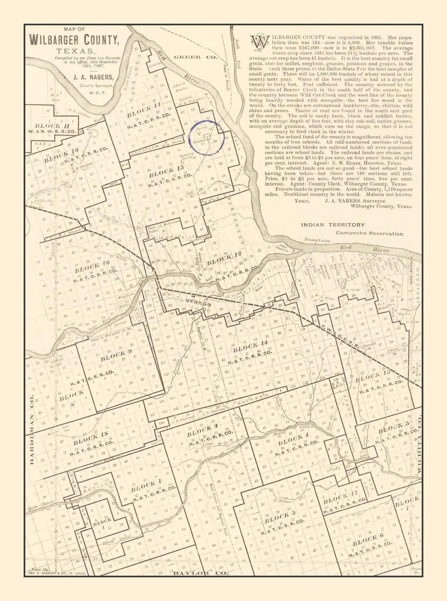 Vintage Map of Wilbarger County, Texas 1887