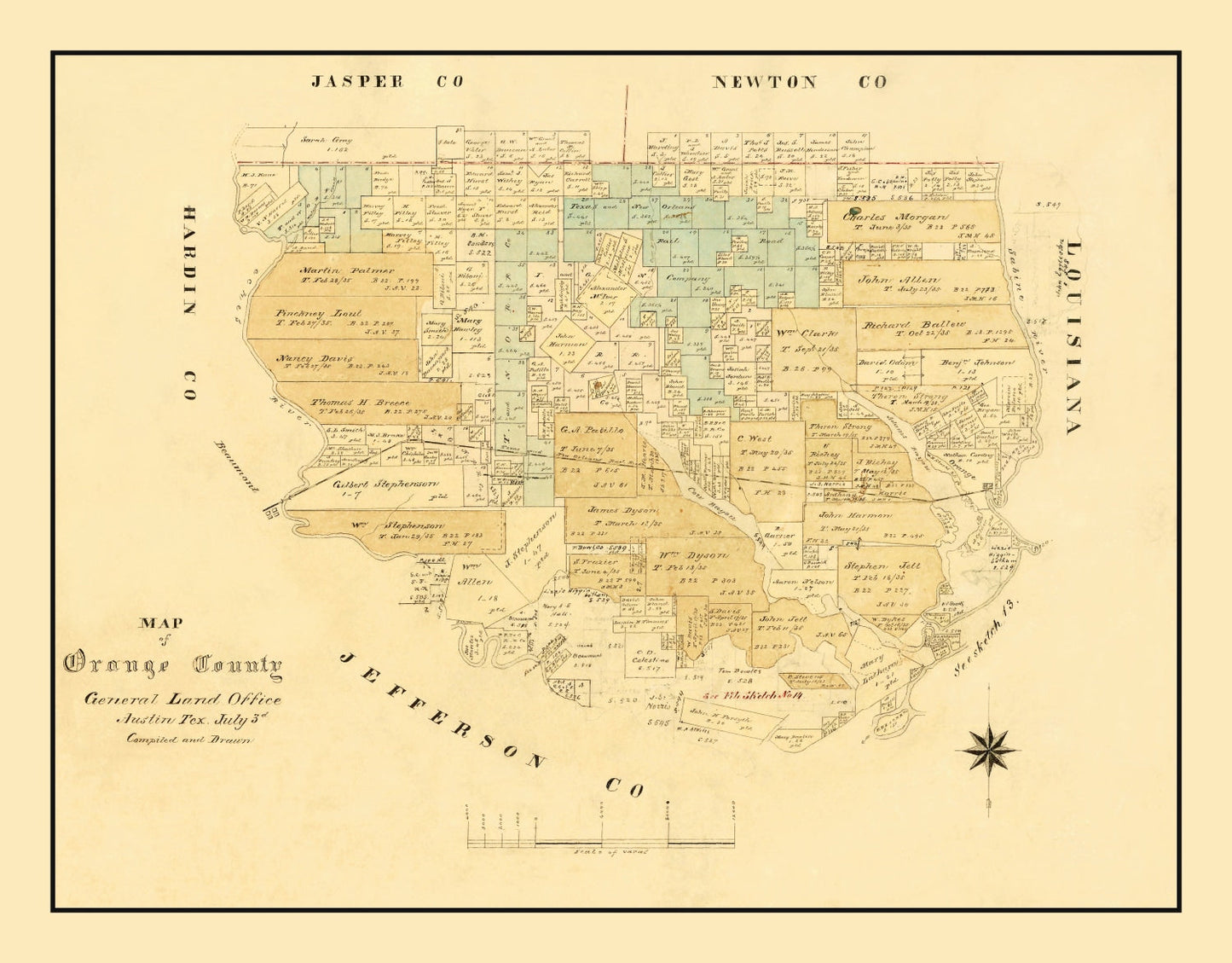 Vintage Map of Orange County, Texas 1880