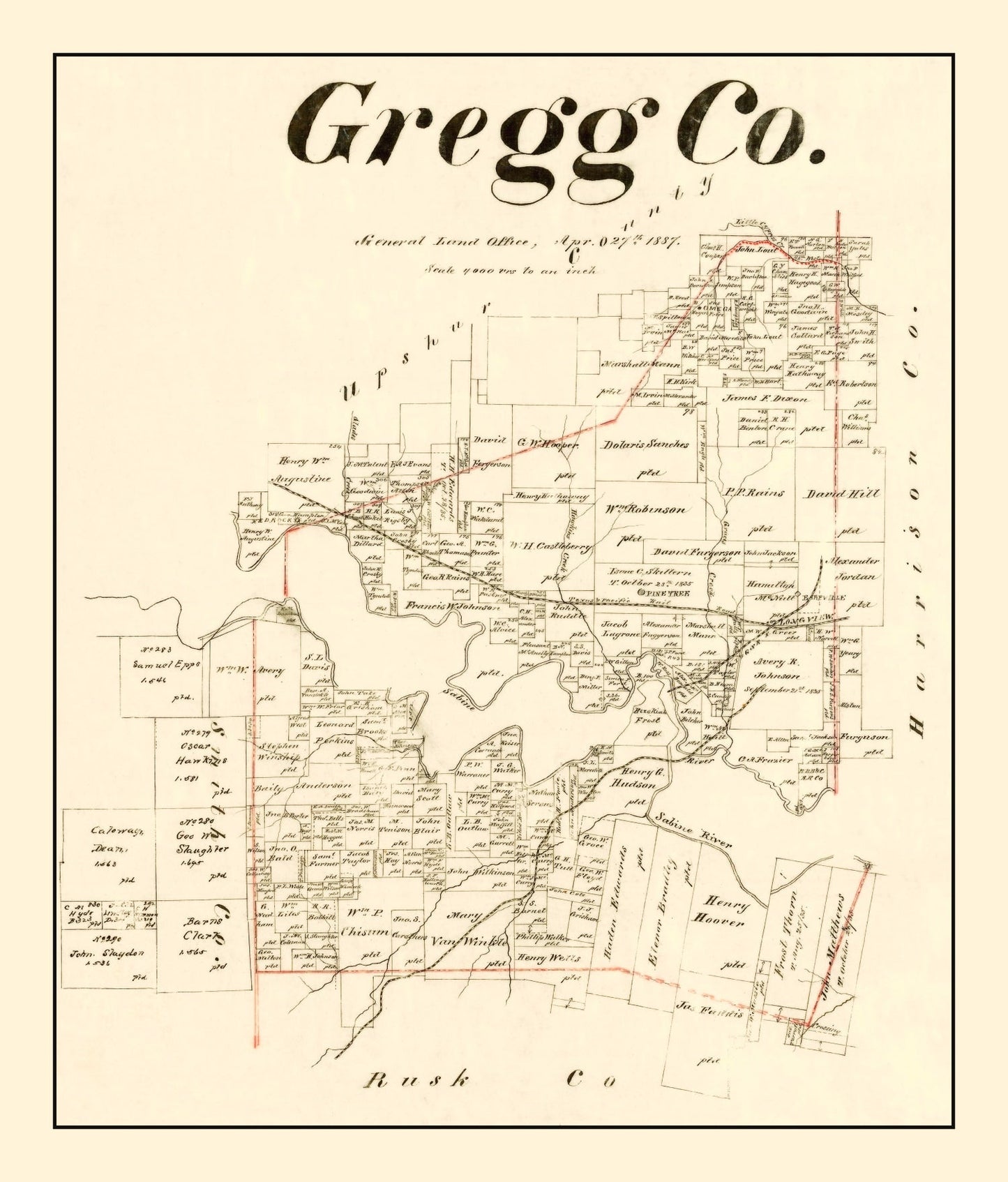 Vintage Map of Gregg County, Texas 1887