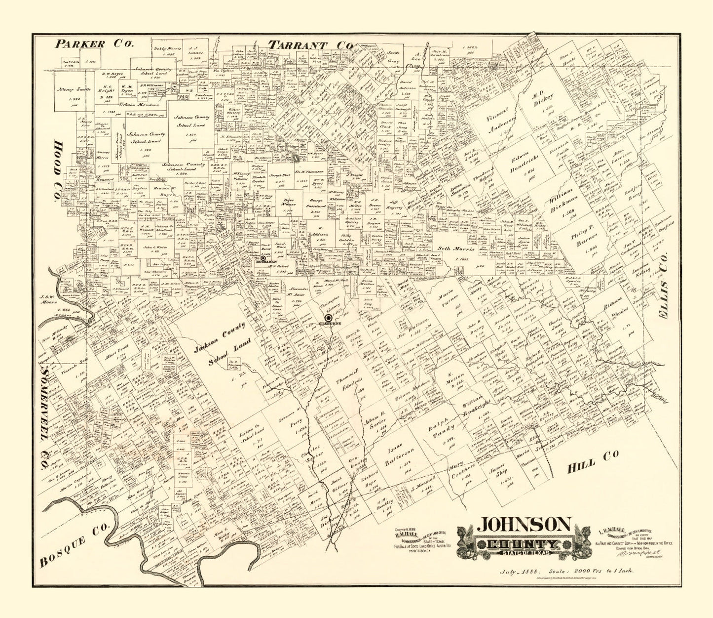 Vintage Map of Johnson County, Texas 1888