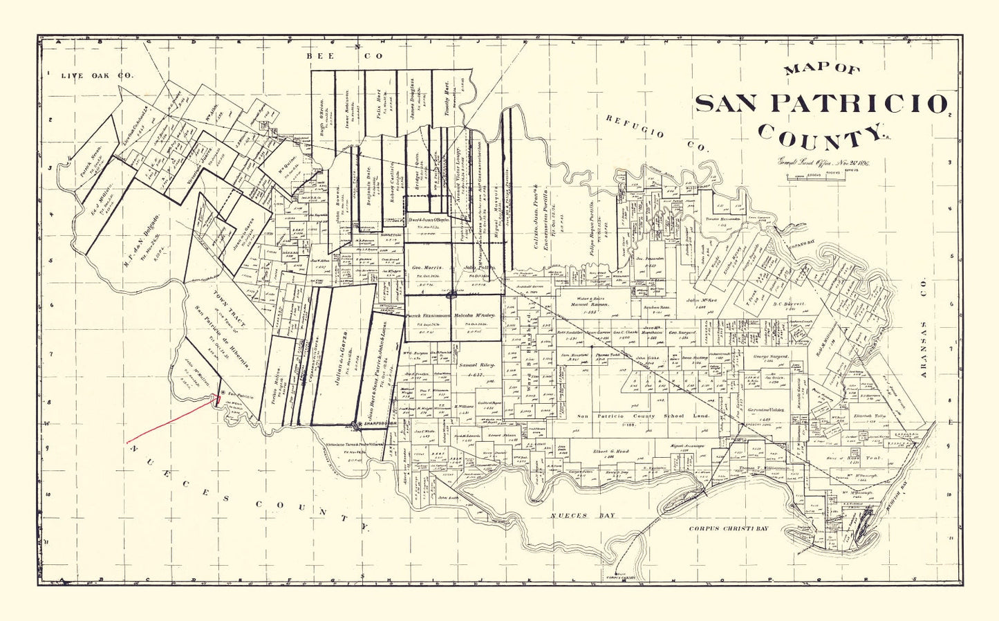 Vintage Map of San Patricio County, Texas 1896