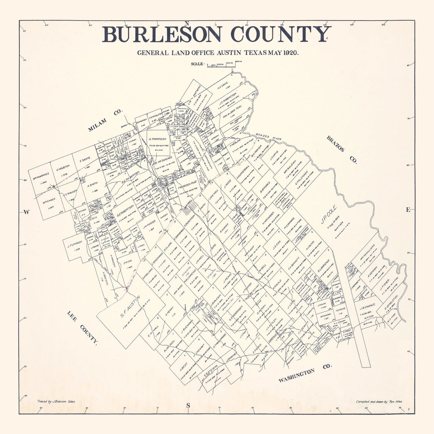 Vintage Map of Burleson County, Texas 1920