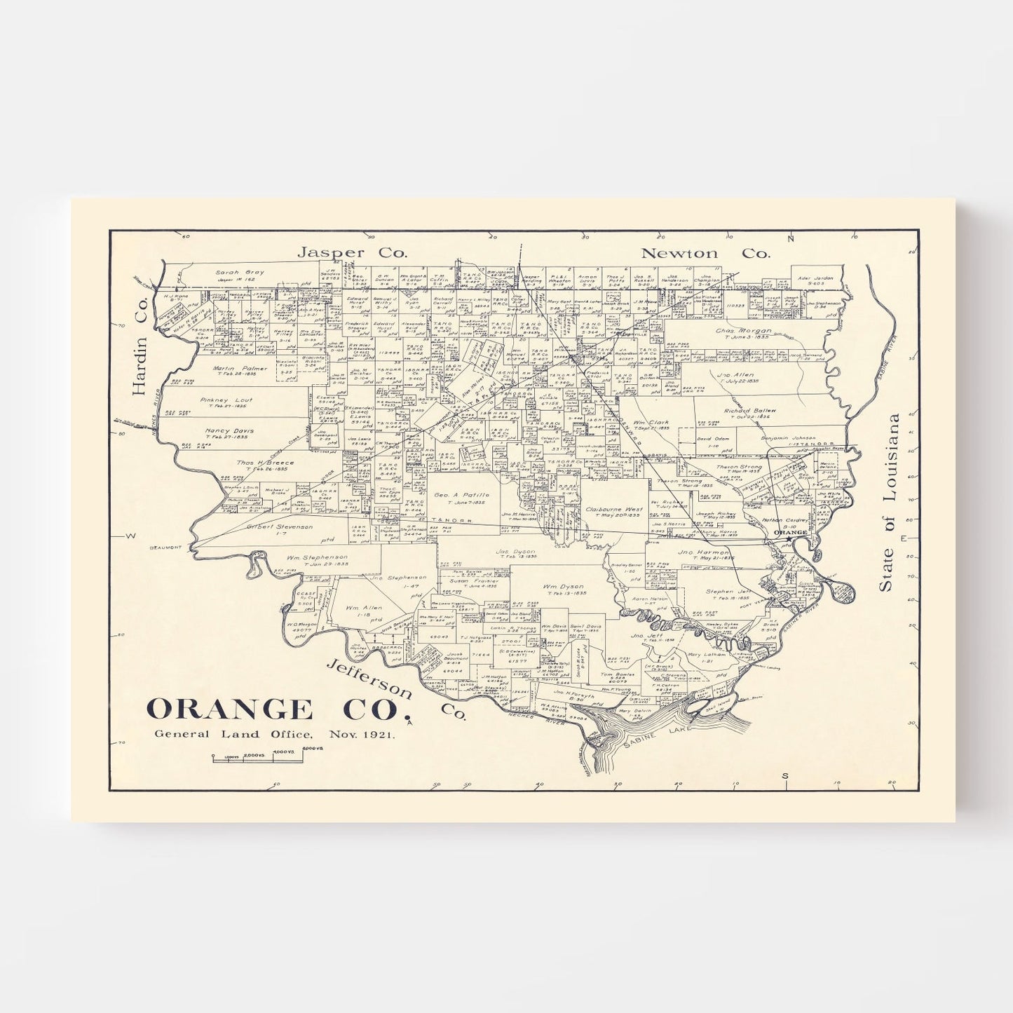 Vintage Map of Orange County, Texas 1921