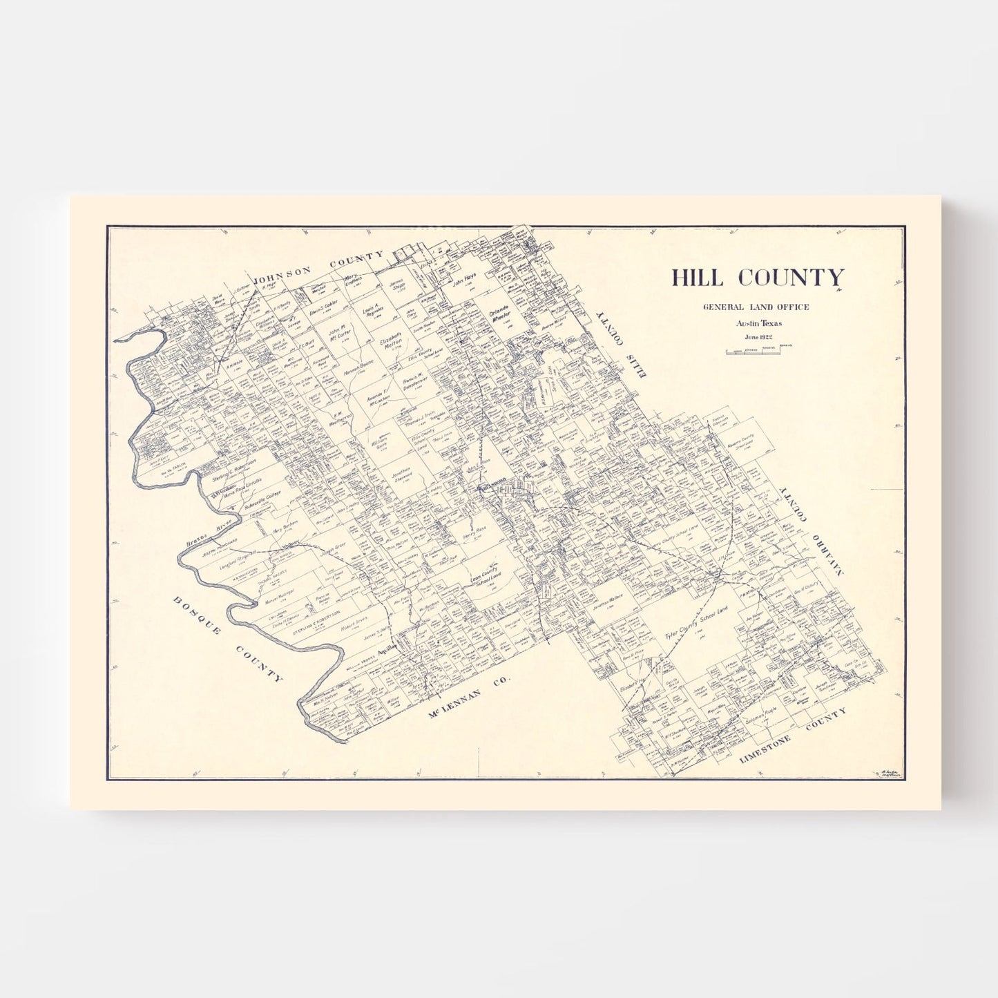 Vintage Map of Hill County, Texas 1922