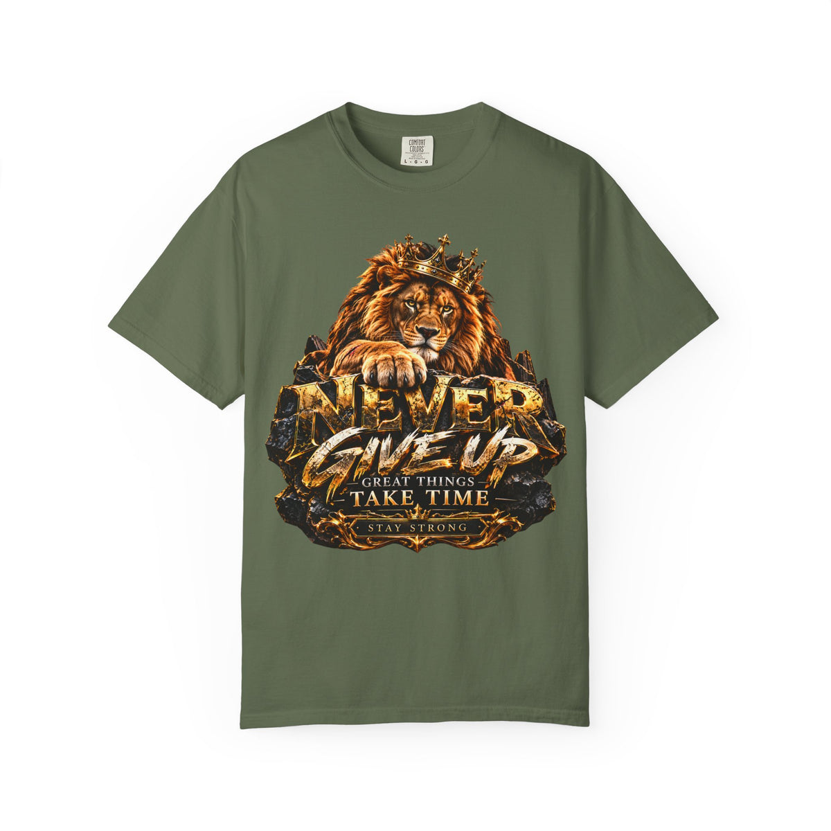 Lion Graphic T-Shirt — "Never Give Up: Great Things Take Time" Motivational Tee