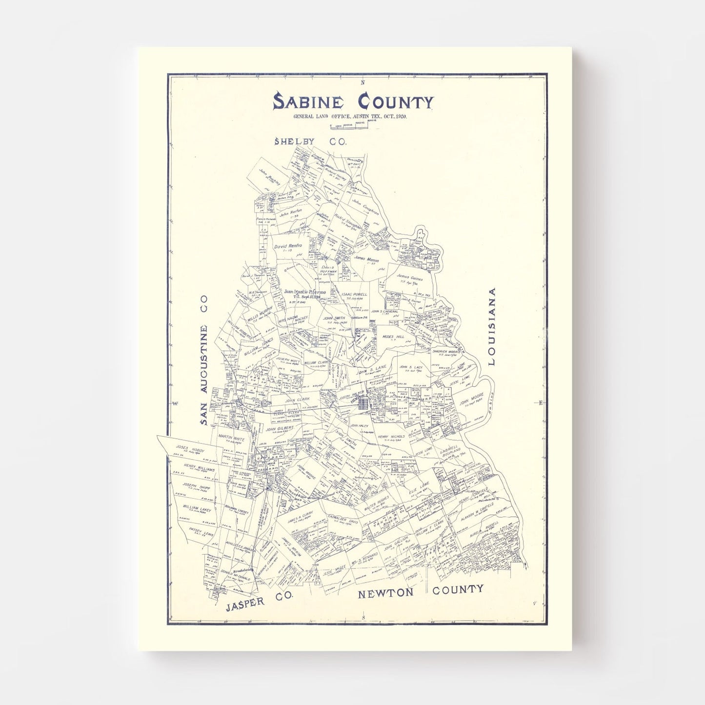 Vintage Map of Sabine County, Texas 1920