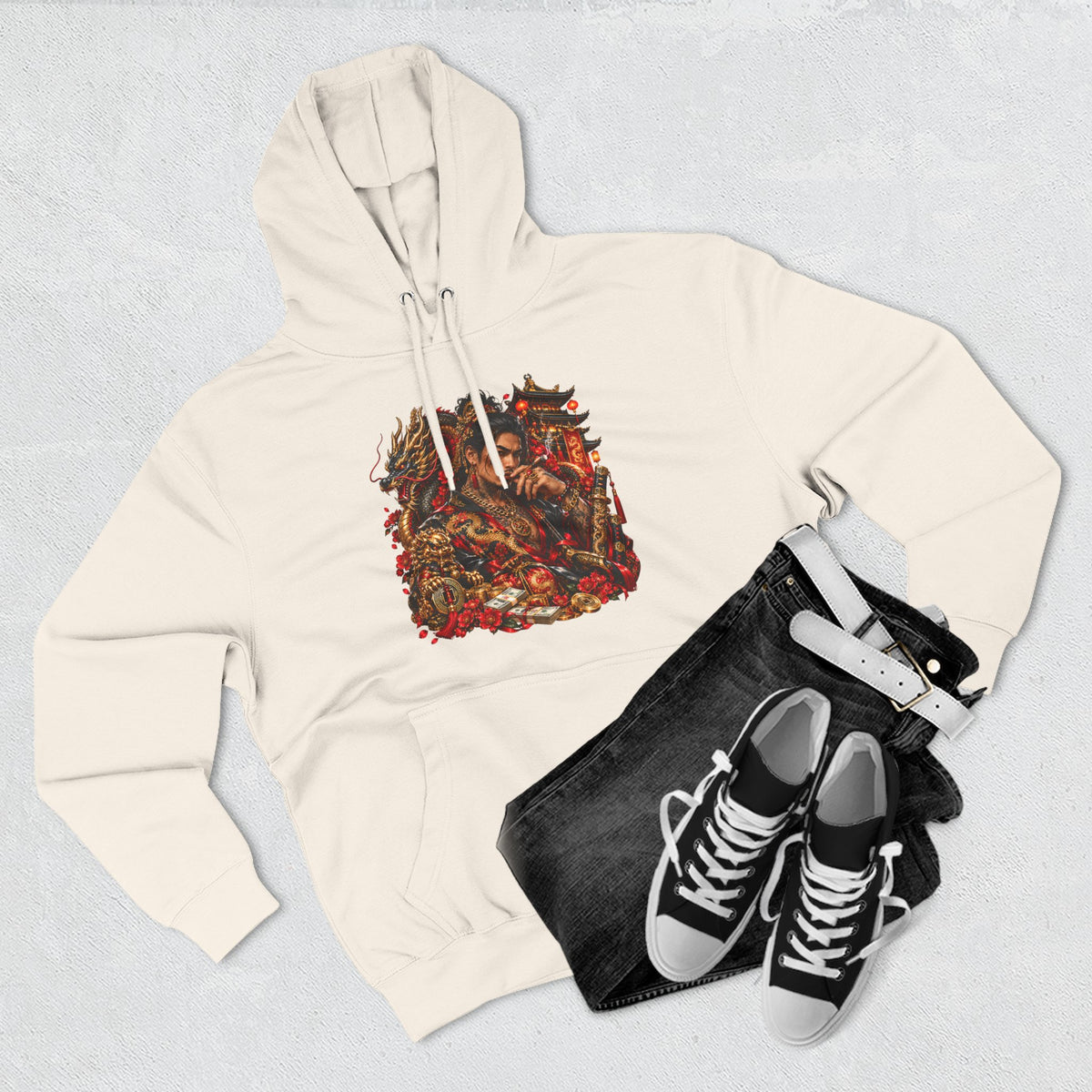 Dragon Battle Hoodie — Three-Panel Fleece Hooded Sweatshirt with Fiery Fantasy Artwork