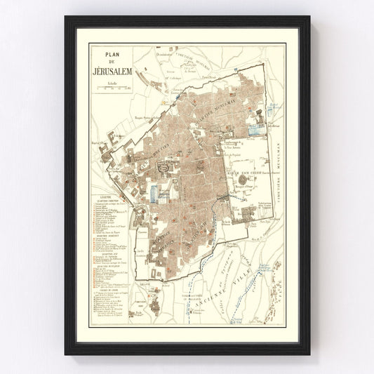 Vintage Map of Jerusalem, Israel 1900