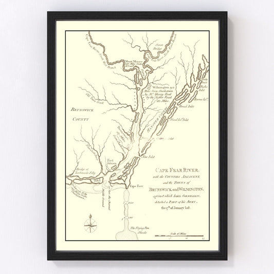 Vintage Cape Fear River Map, North Carolina 1781