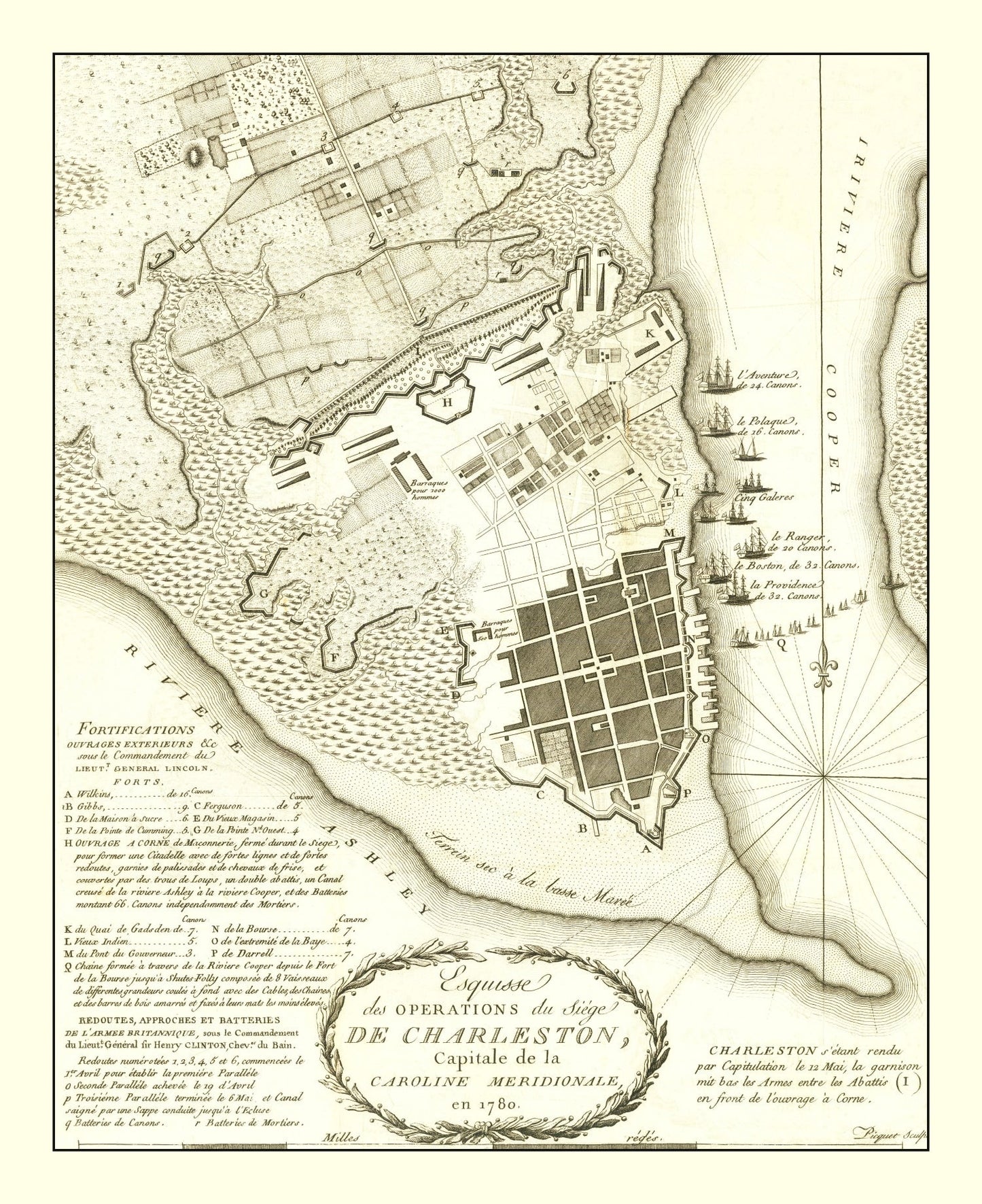 Vintage Siege of Charleston Map 1787
