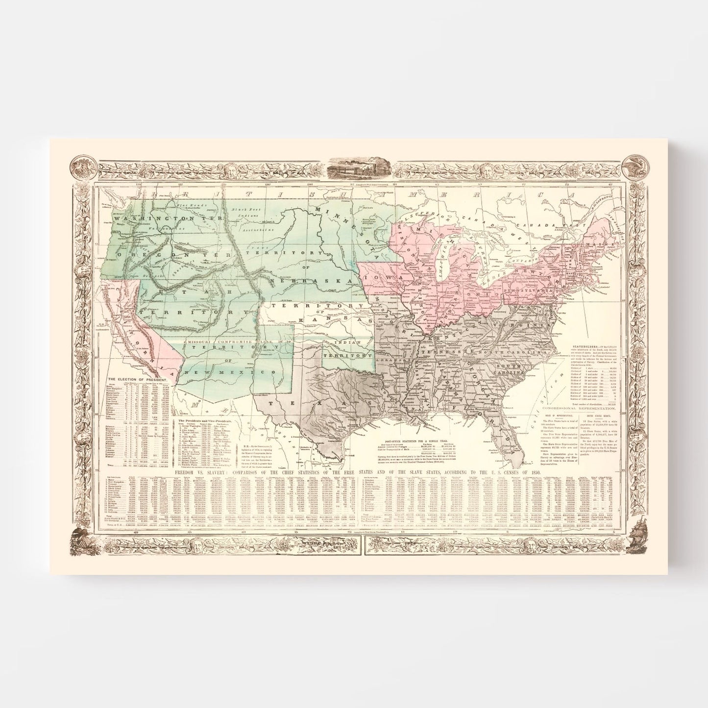 Vintage United States Map of the Slave States & Slavery 1856