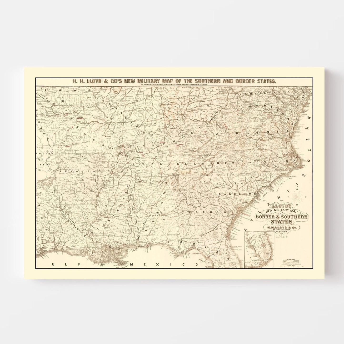 Vintage Military Map of the Southern United States 1861