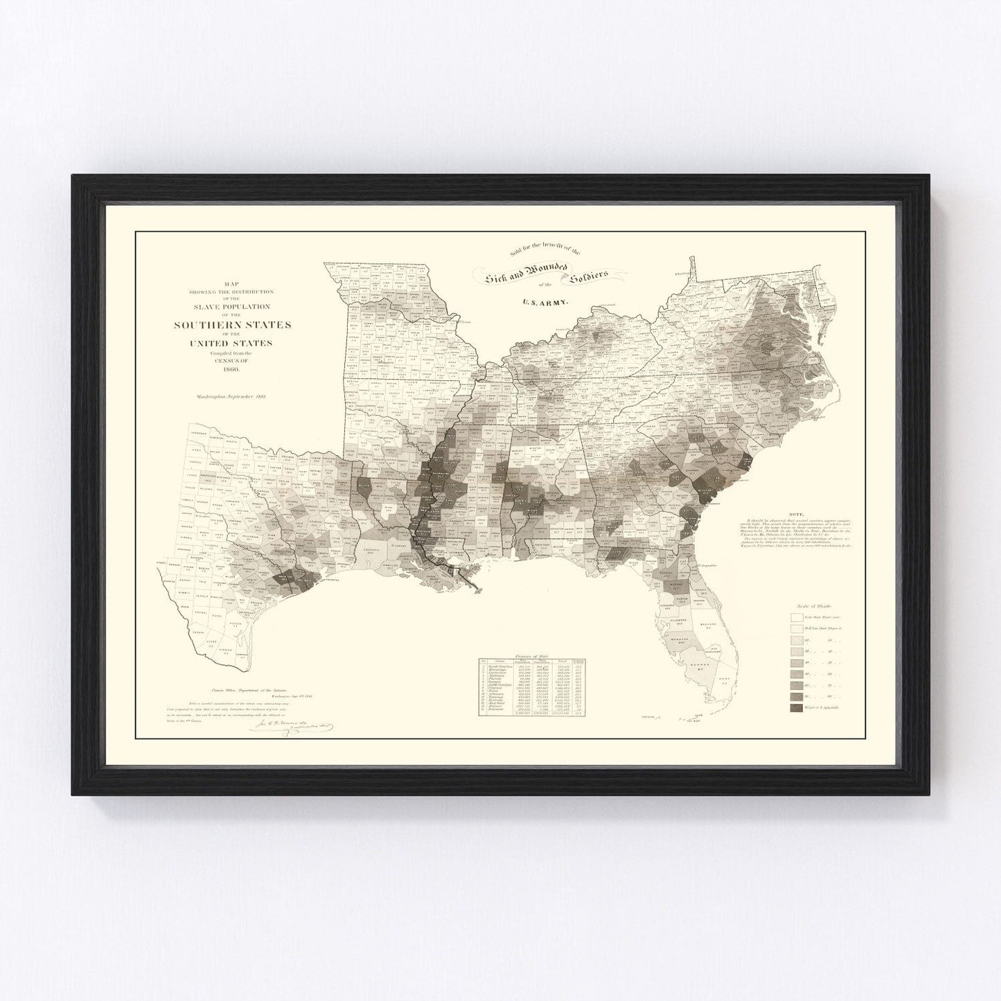 Vintage Map of Slaves in the Southern States 1861