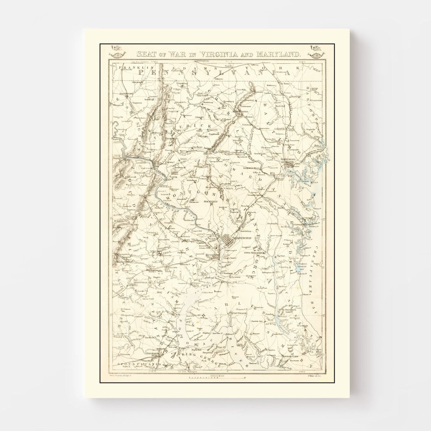 Vintage Seat of War in Virginia & Maryland Map 1863
