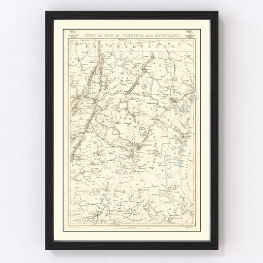 Vintage Seat of War in Virginia & Maryland Map 1863