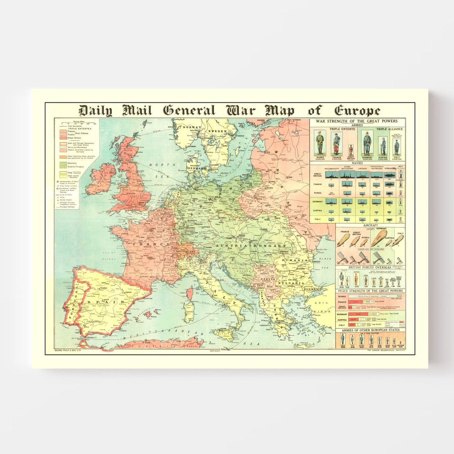 Vintage World War I Map of Europe 1914
