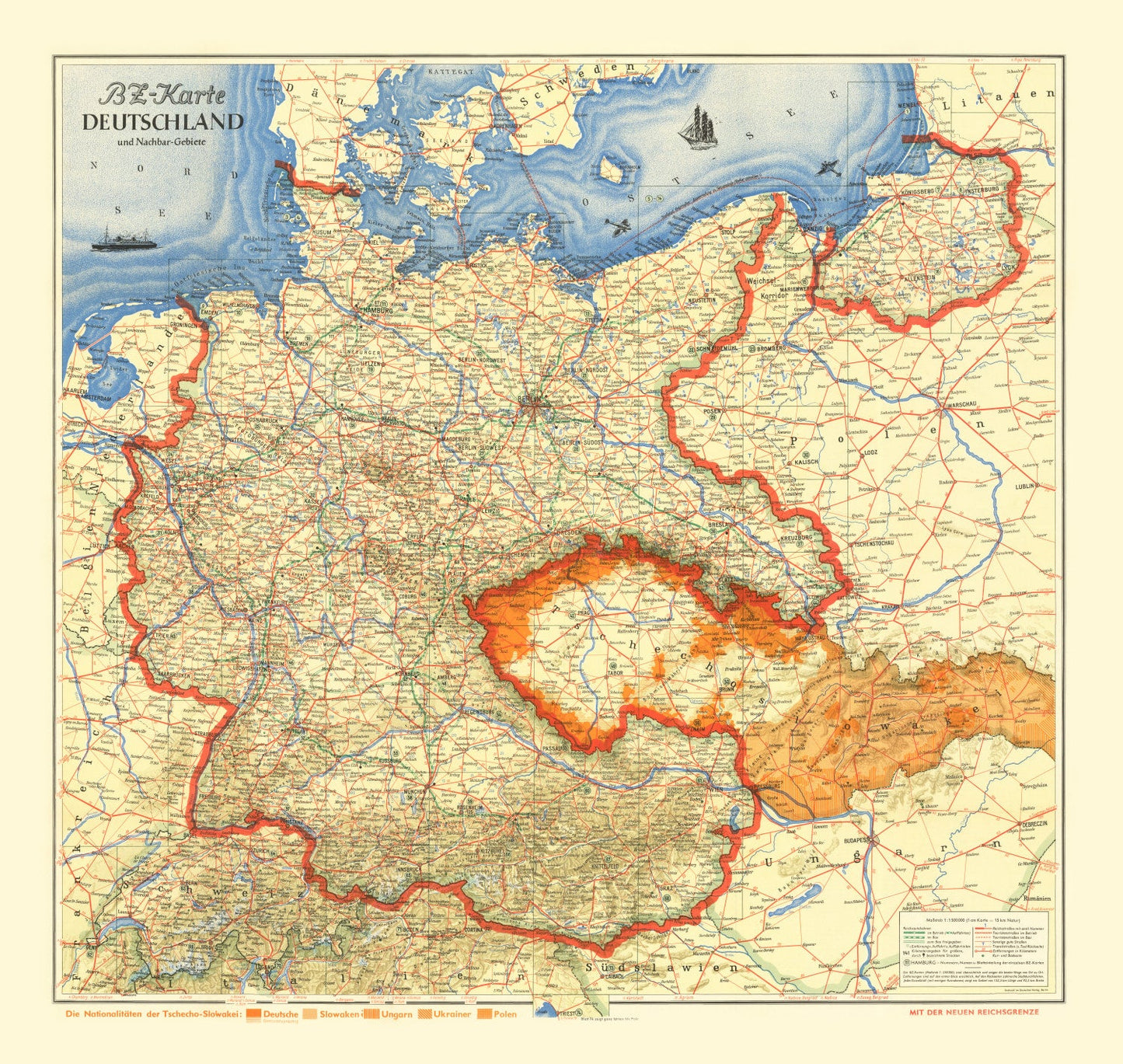 Vintage World War II Map of Germany & Neighboring Areas 1938