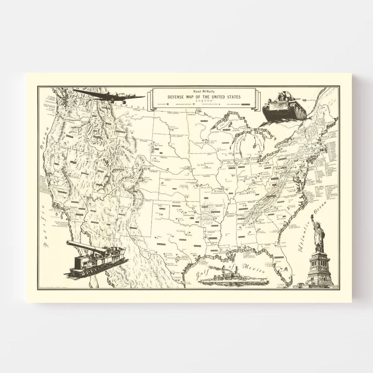 Vintage Defense Map of the United States 1941