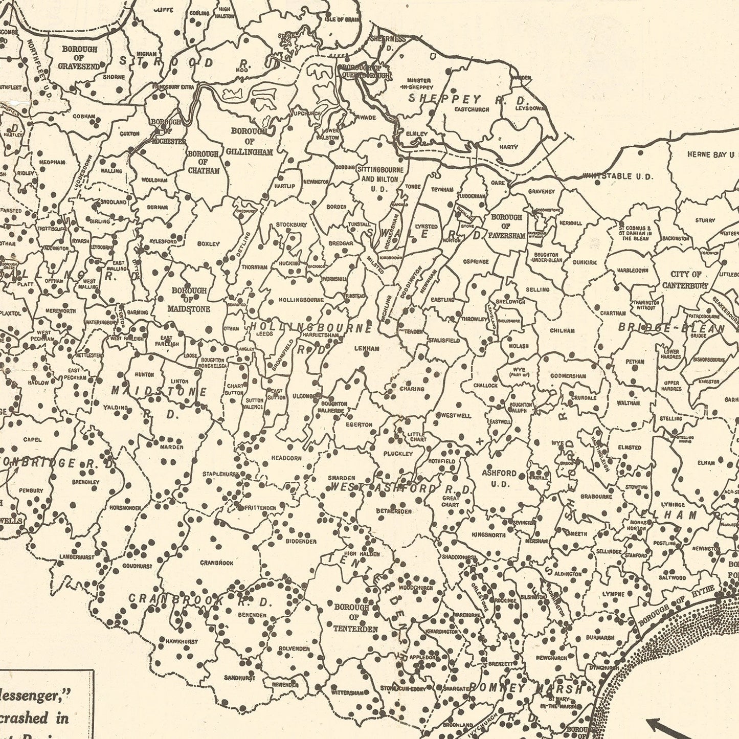 Vintage World War II Map of Doodle Bugs In Kent 1944