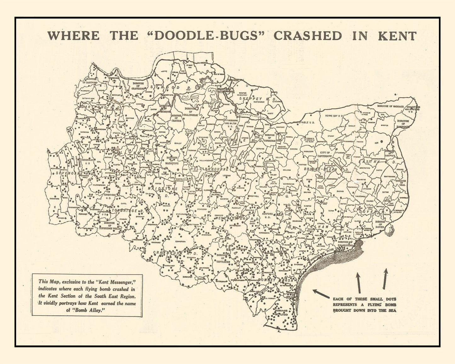Vintage World War II Map of Doodle Bugs In Kent 1944