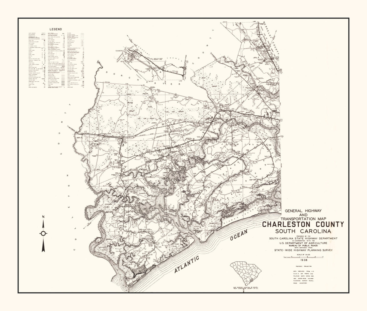 Vintage Map of Charleston County, South Carolina 1938