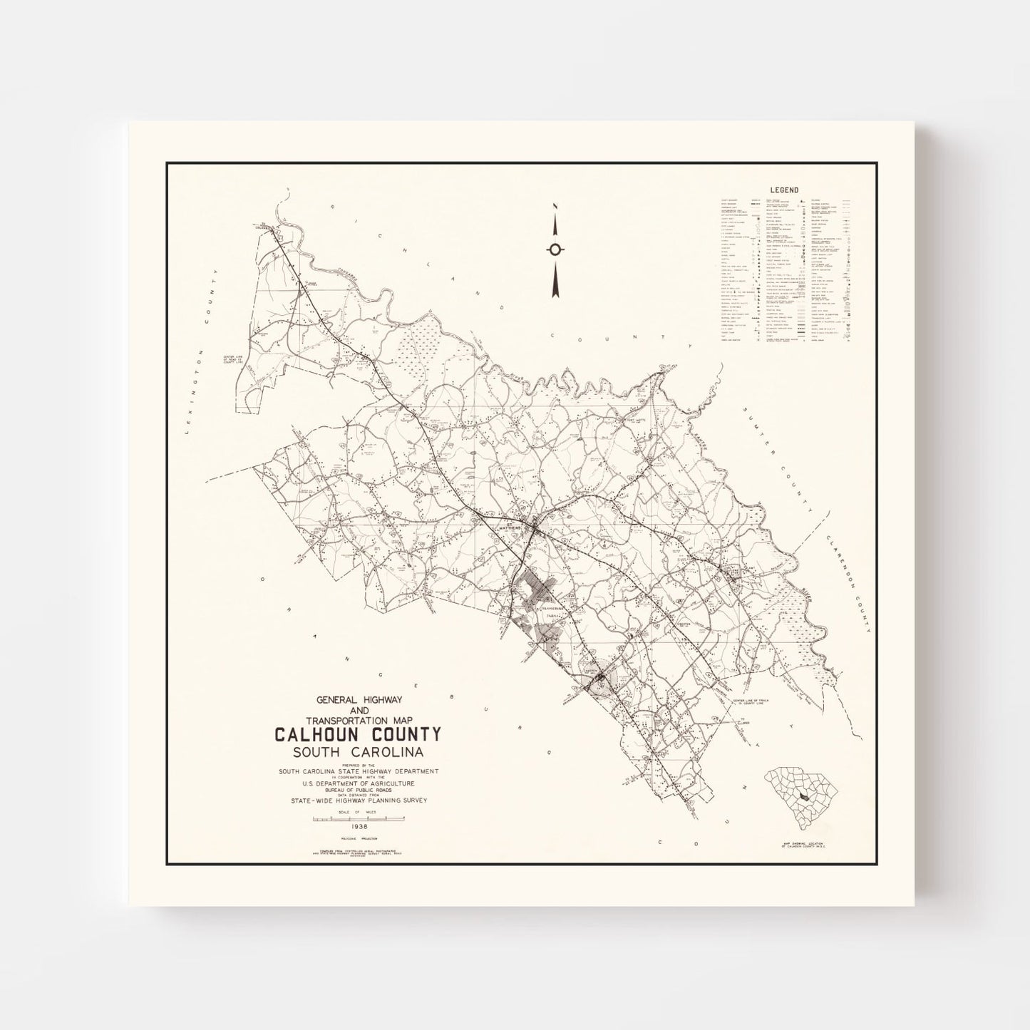 Vintage Map of Calhoun County, South Carolina 1938