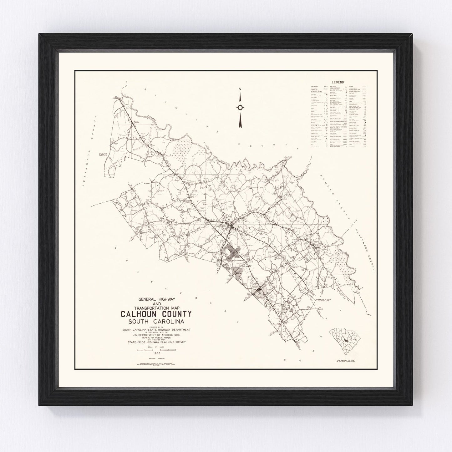Vintage Map of Calhoun County, South Carolina 1938
